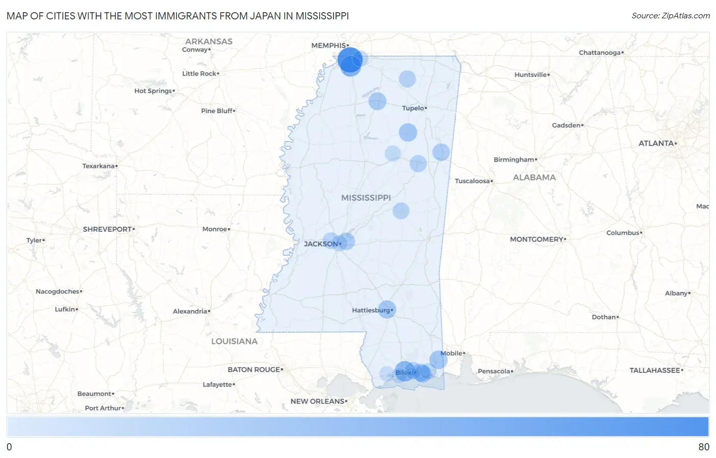 Cities with the Most Immigrants from Japan in Mississippi Map