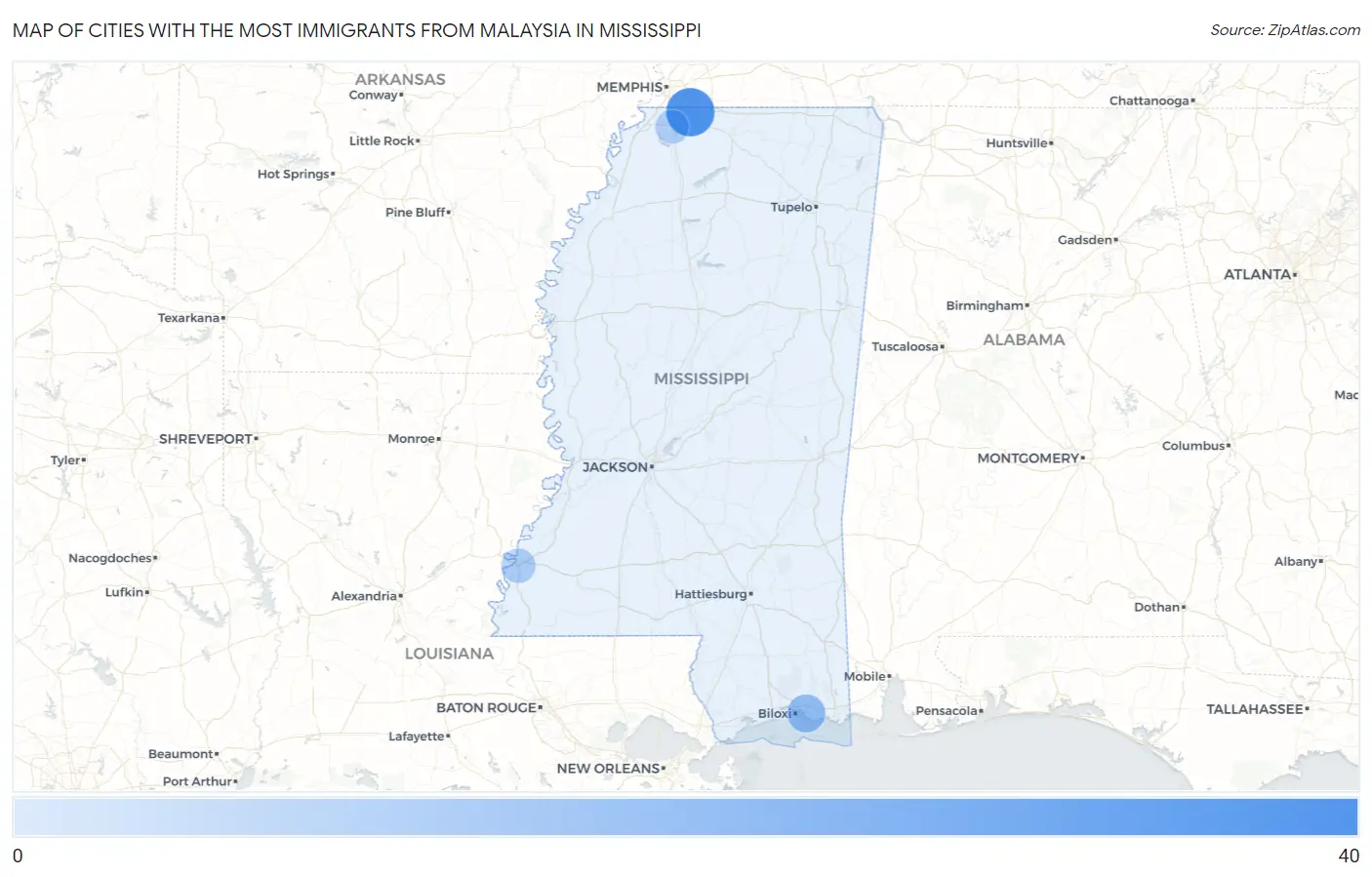 Cities with the Most Immigrants from Malaysia in Mississippi Map