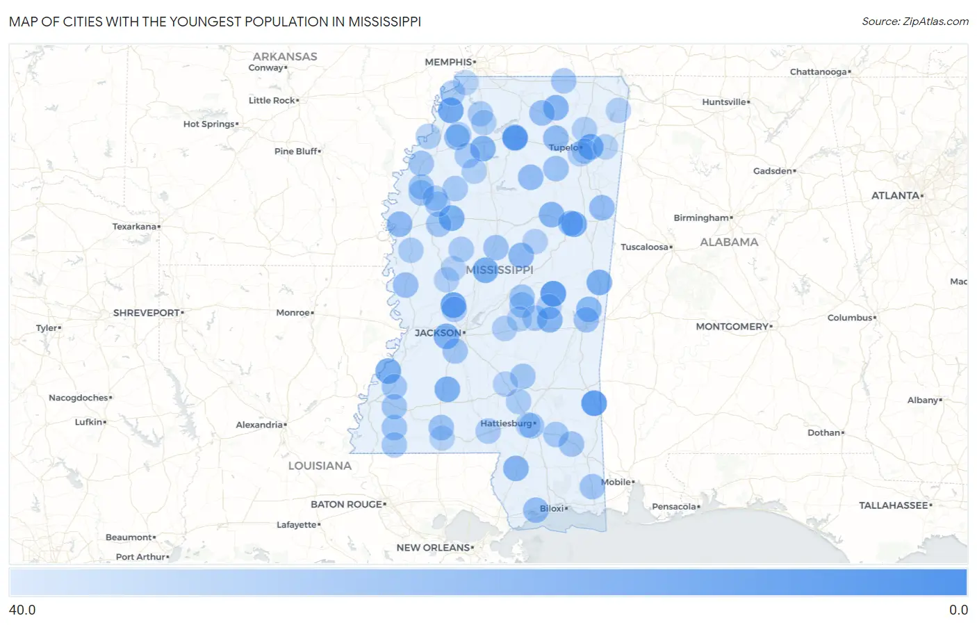 Cities with the Youngest Population in Mississippi Map