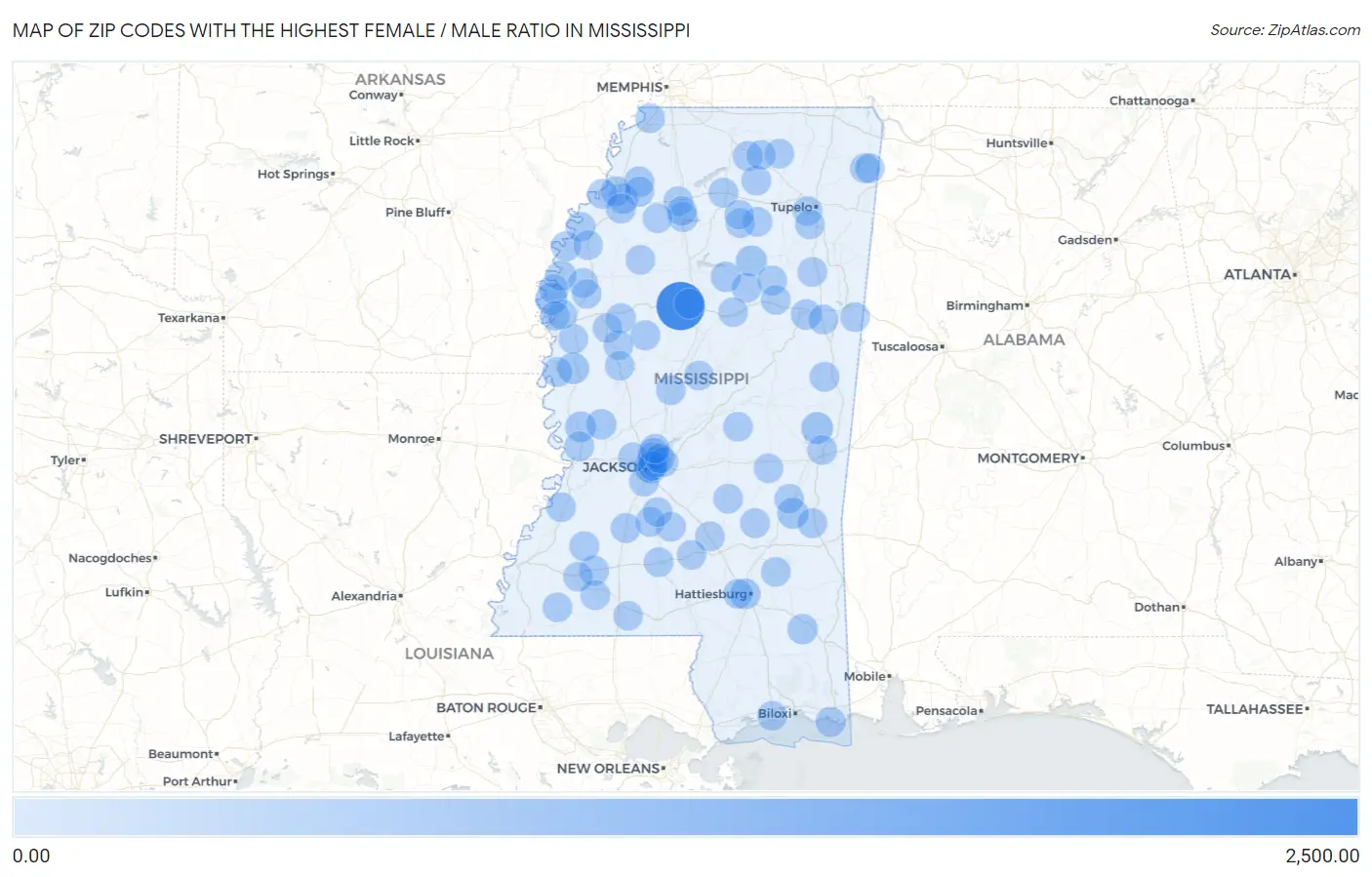 Zip Codes with the Highest Female / Male Ratio in Mississippi Map