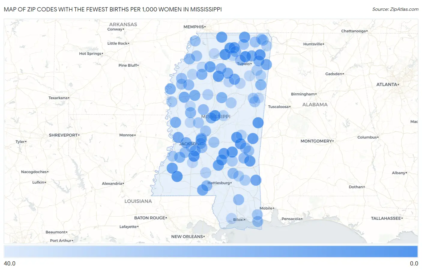 Zip Codes with the Fewest Births per 1,000 Women in Mississippi Map