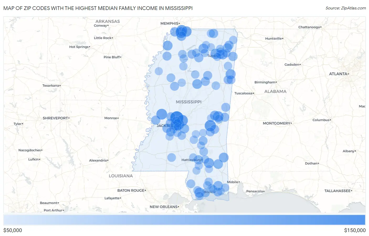Zip Codes with the Highest Median Family Income in Mississippi Map
