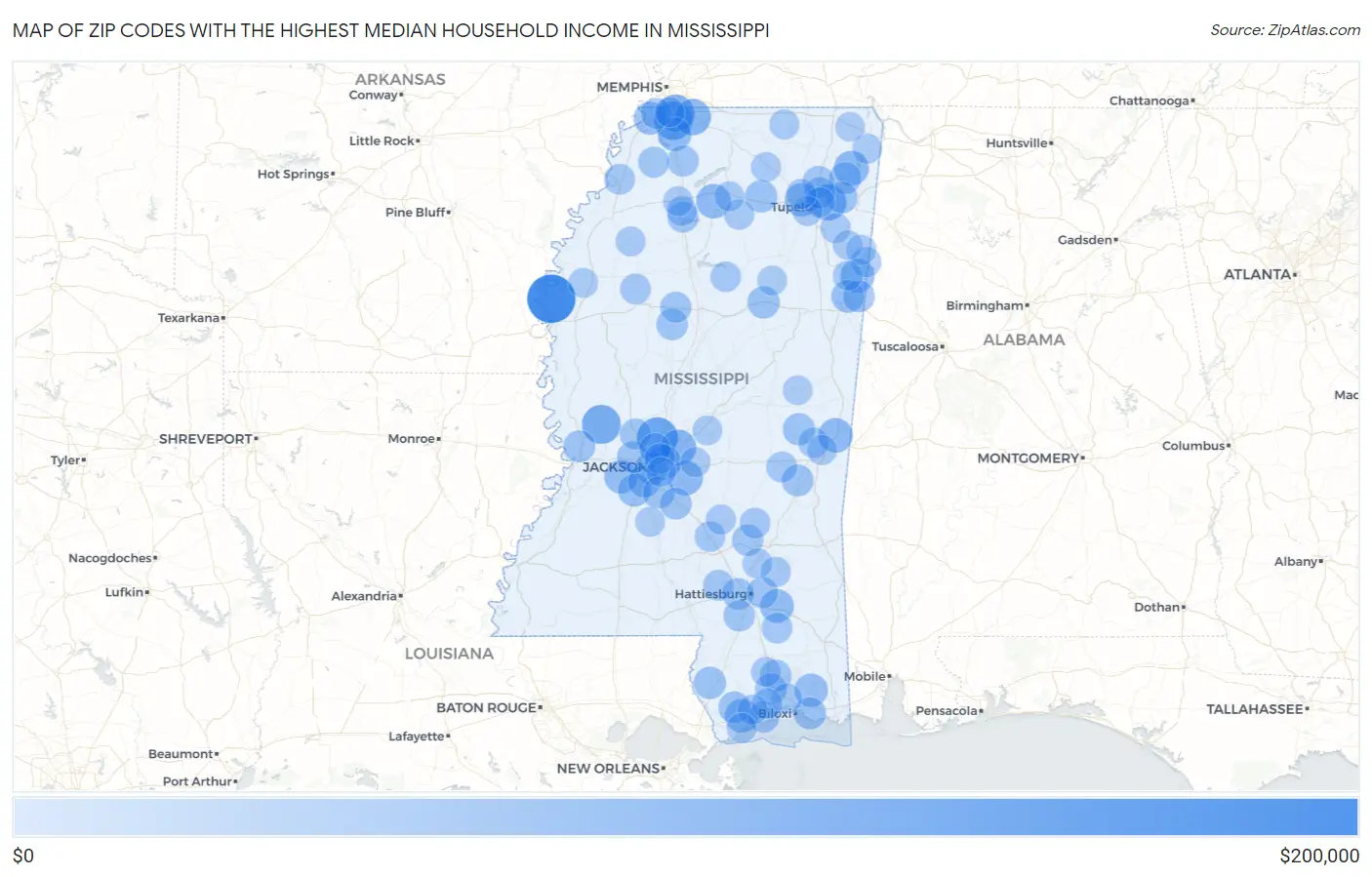 Zip Codes with the Highest Median Household Income in Mississippi Map