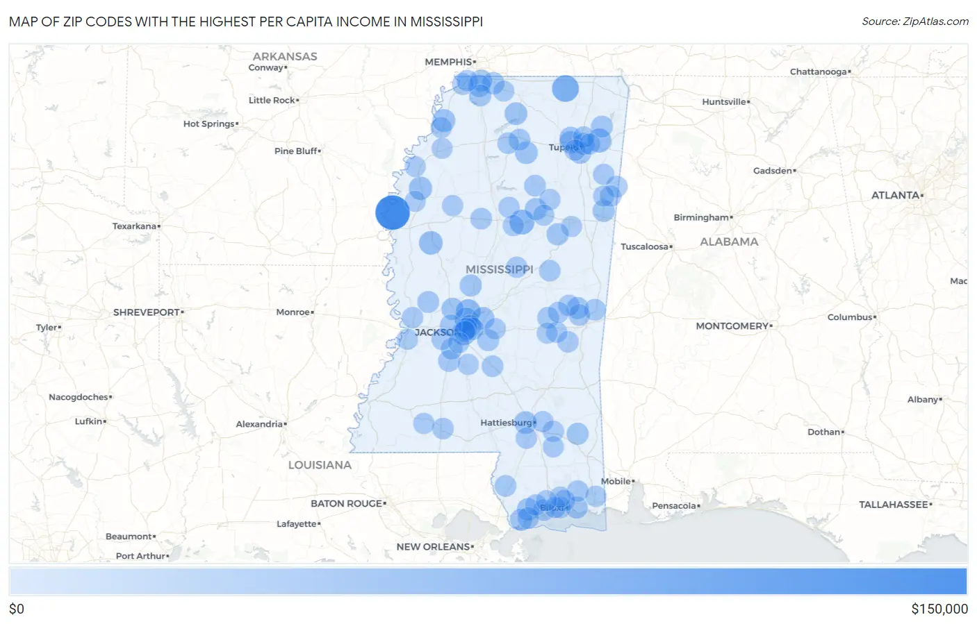 Zip Codes with the Highest Per Capita Income in Mississippi Map