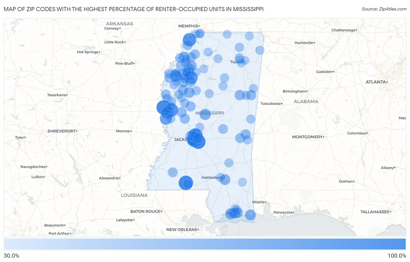 Zip Codes with the Highest Percentage of Renter-Occupied Units in Mississippi Map