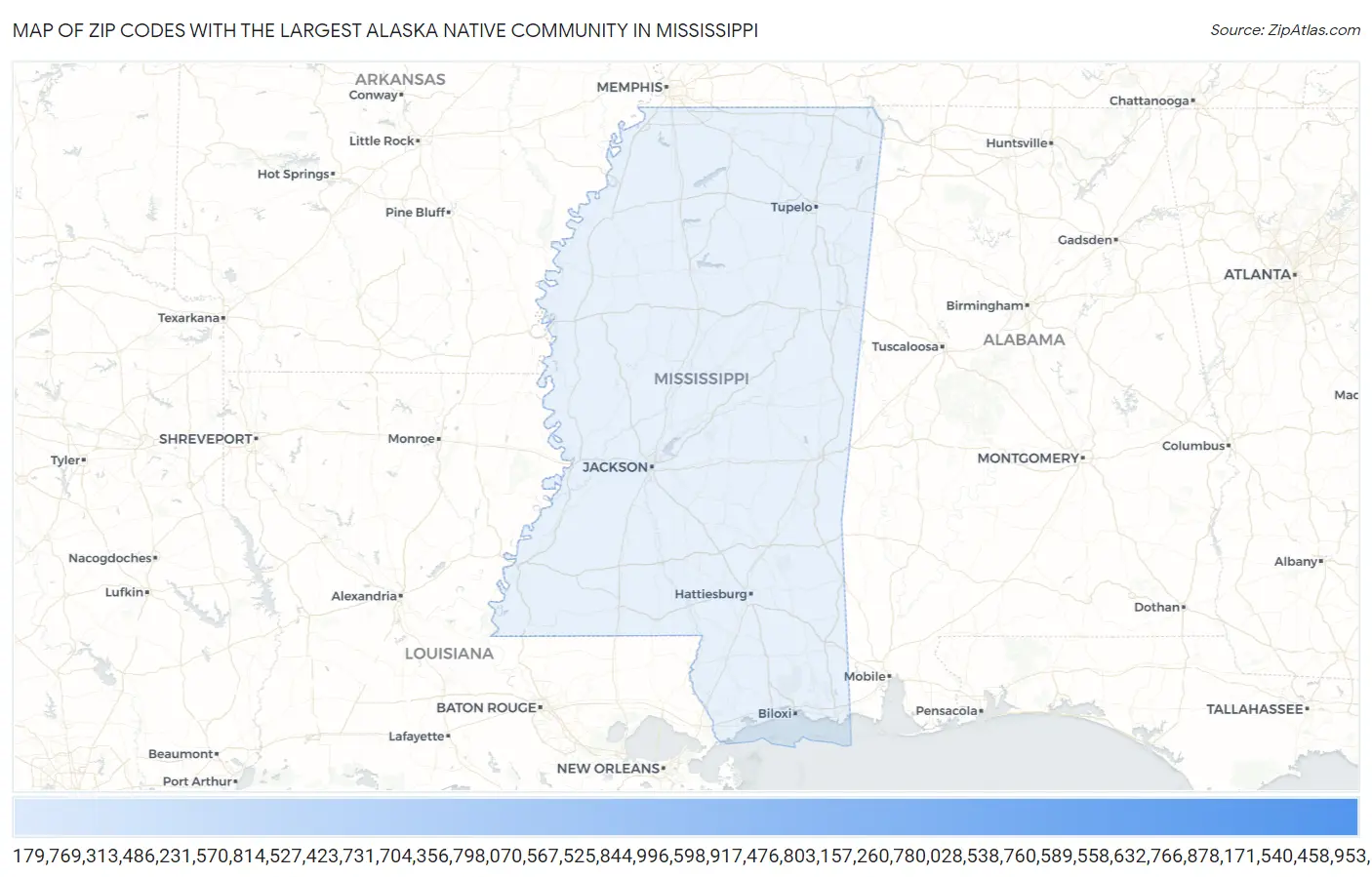 Zip Codes with the Largest Alaska Native Community in Mississippi Map