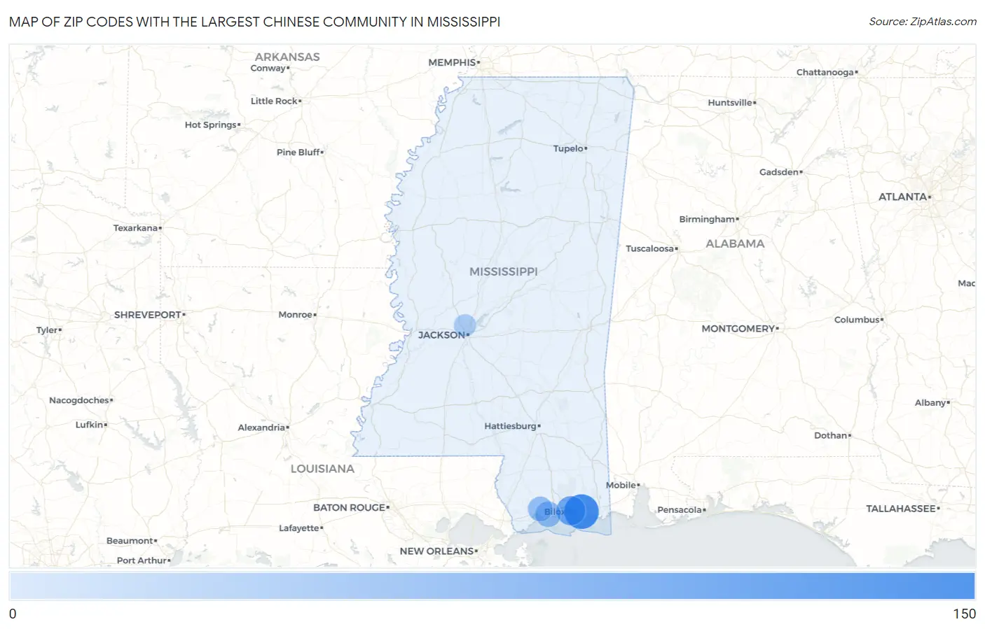 Zip Codes with the Largest Chinese Community in Mississippi Map