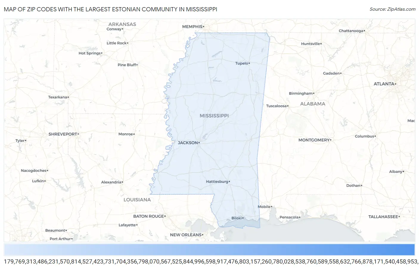 Zip Codes with the Largest Estonian Community in Mississippi Map