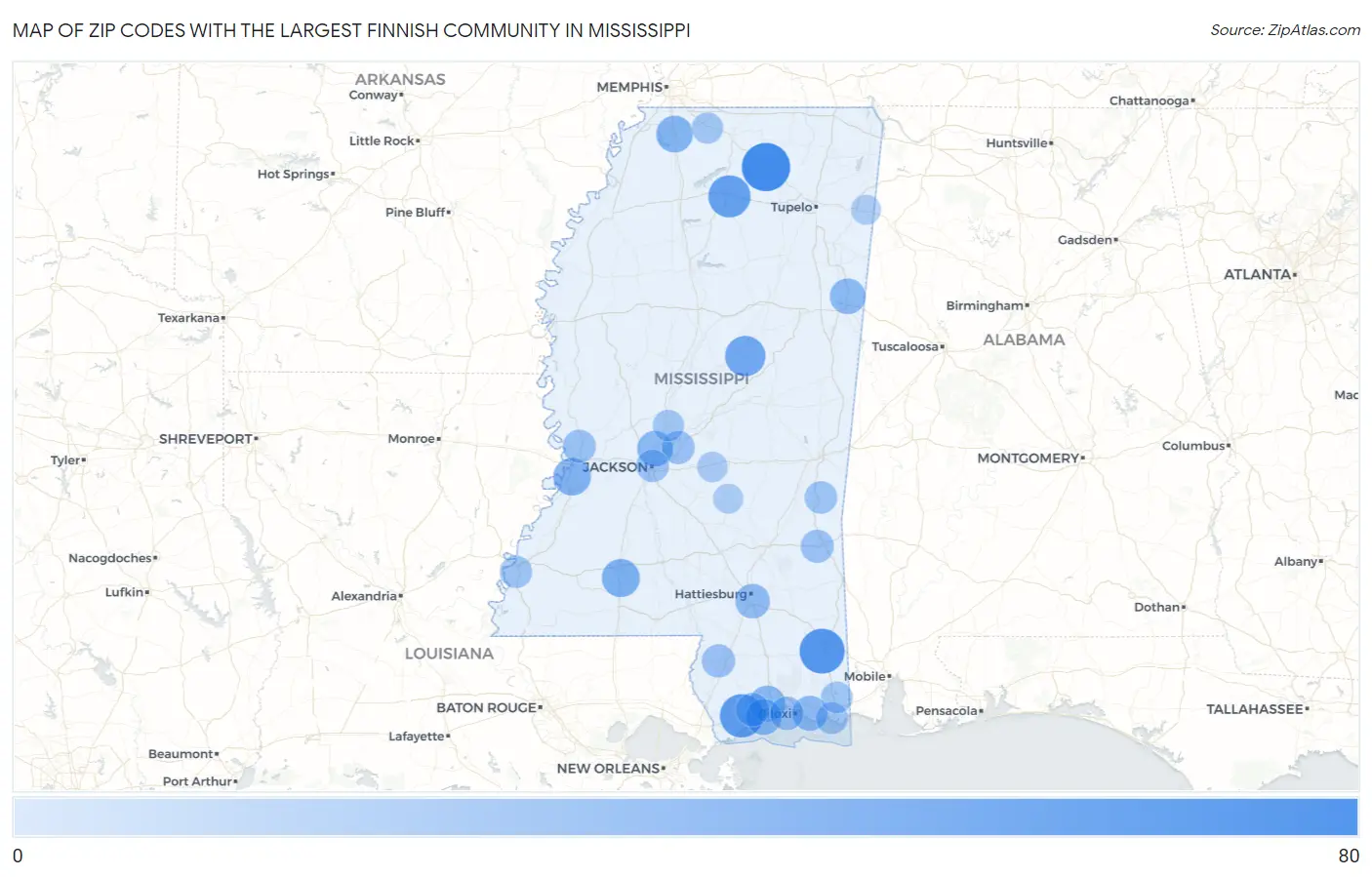 Zip Codes with the Largest Finnish Community in Mississippi Map