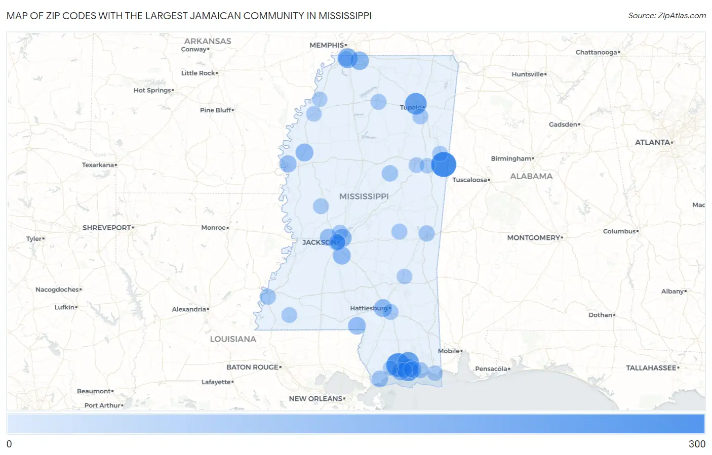 Zip Codes with the Largest Jamaican Community in Mississippi Map
