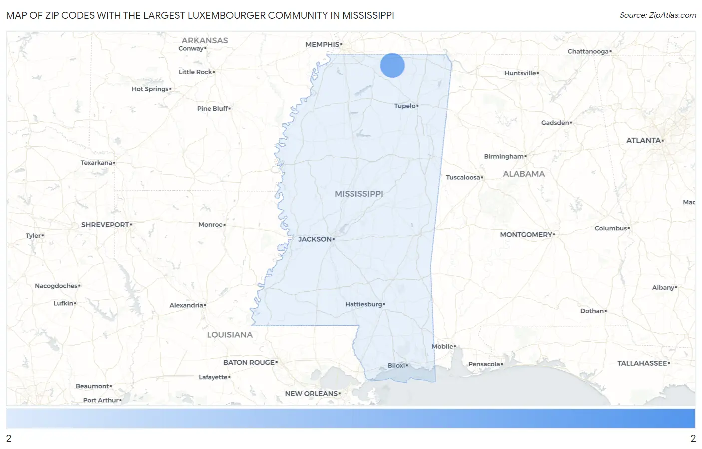 Zip Codes with the Largest Luxembourger Community in Mississippi Map