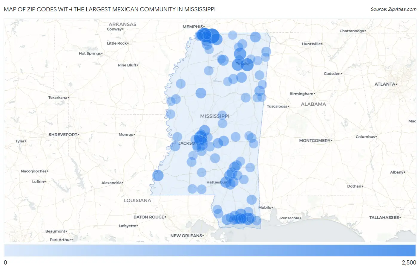 Zip Codes with the Largest Mexican Community in Mississippi Map