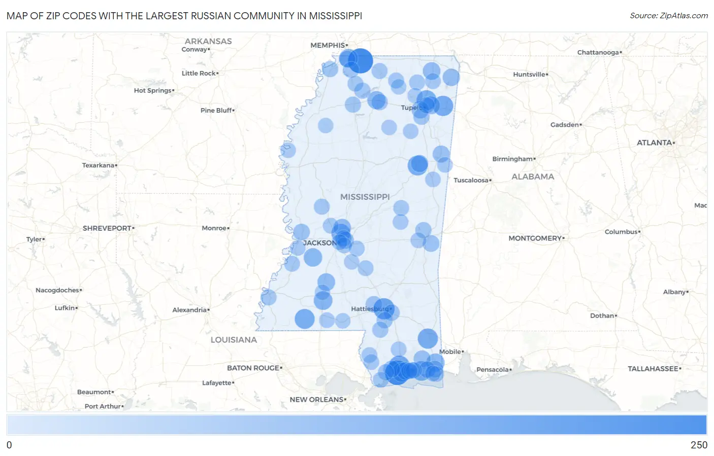 Zip Codes with the Largest Russian Community in Mississippi Map