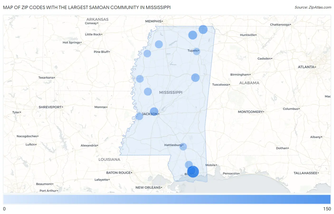 Zip Codes with the Largest Samoan Community in Mississippi Map