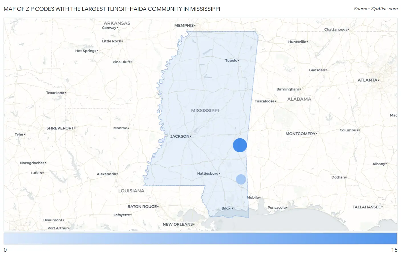 Zip Codes with the Largest Tlingit-Haida Community in Mississippi Map