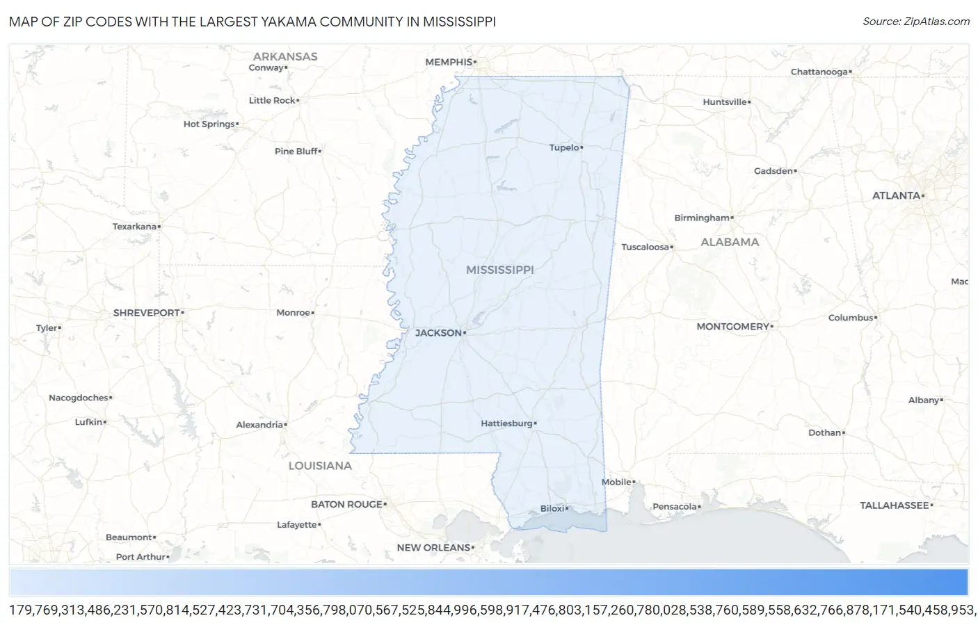 Zip Codes with the Largest Yakama Community in Mississippi Map