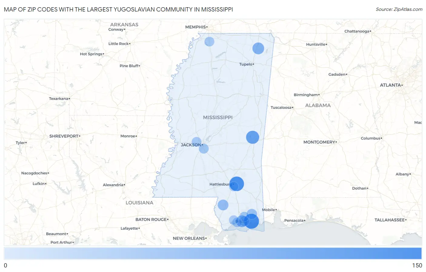 Zip Codes with the Largest Yugoslavian Community in Mississippi Map