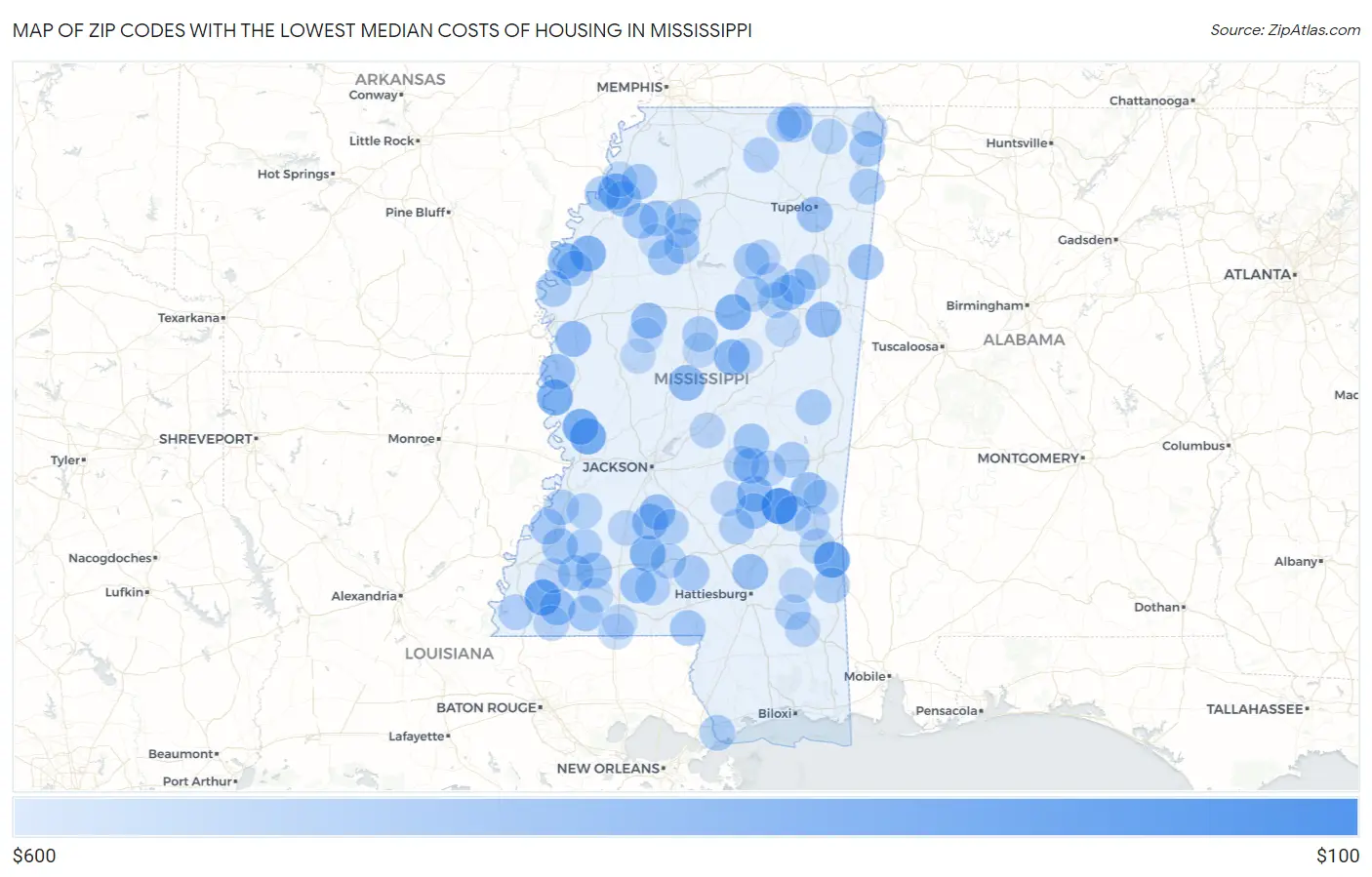 Zip Codes with the Lowest Median Costs of Housing in Mississippi Map