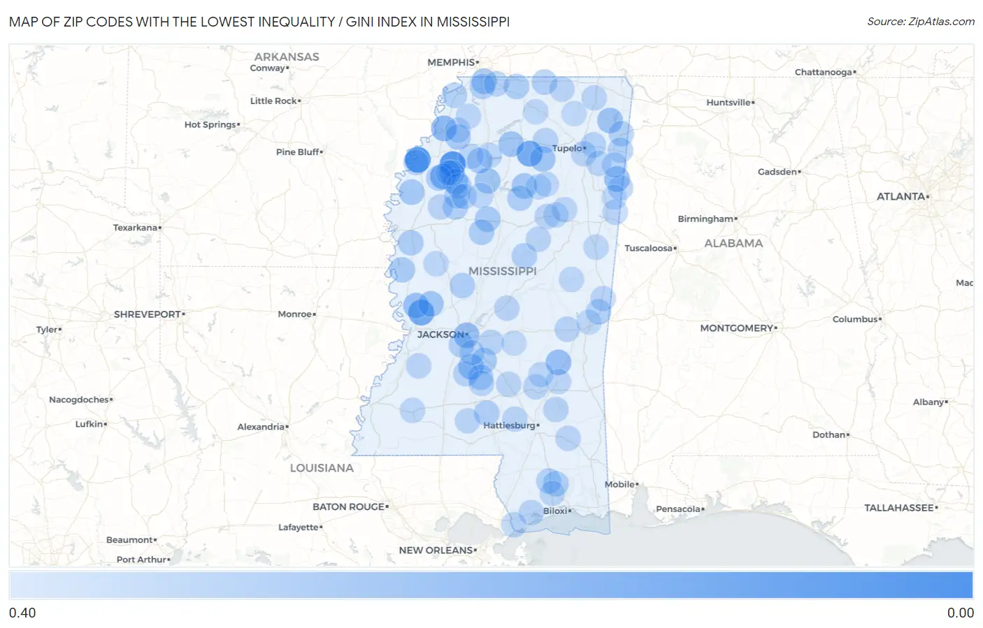 Zip Codes with the Lowest Inequality / Gini Index in Mississippi Map