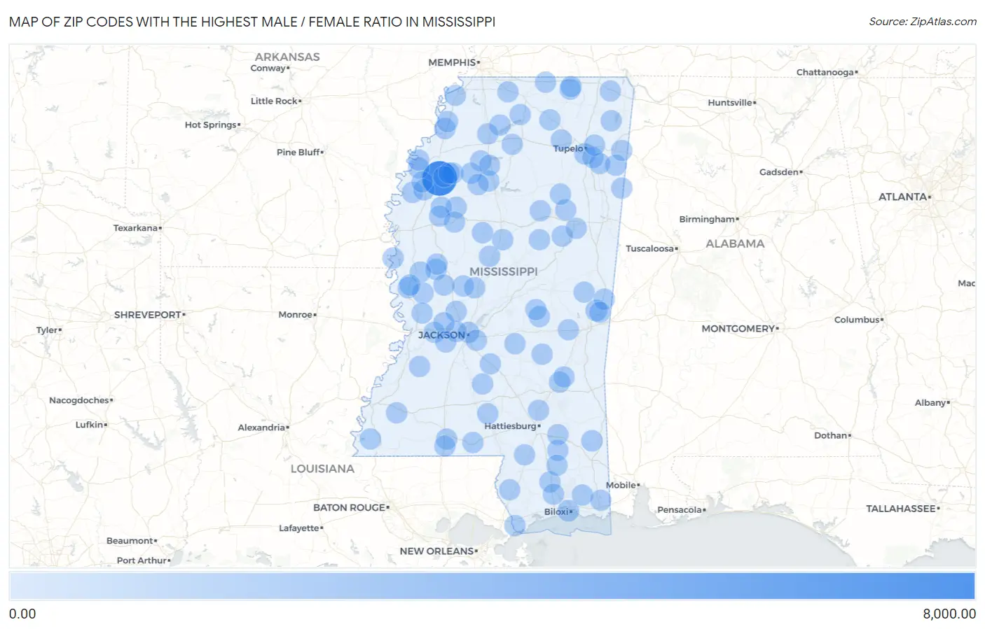 Zip Codes with the Highest Male / Female Ratio in Mississippi Map
