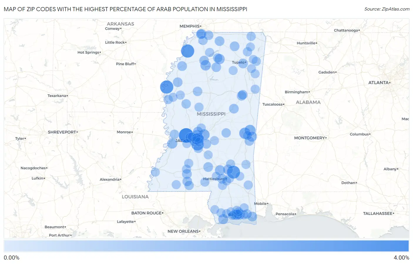 Zip Codes with the Highest Percentage of Arab Population in Mississippi Map