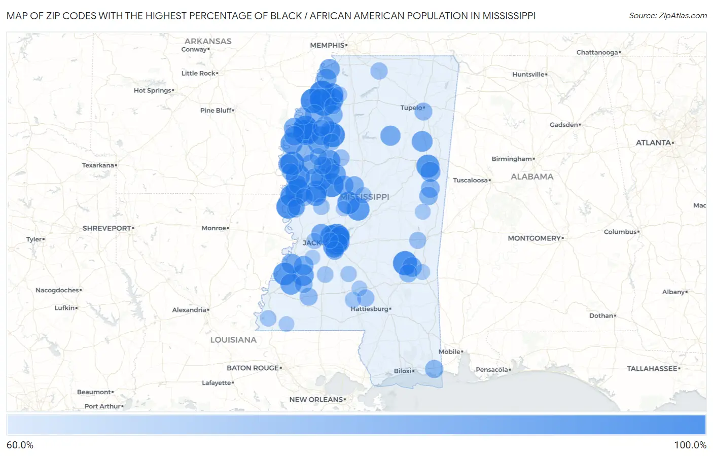 Zip Codes with the Highest Percentage of Black / African American Population in Mississippi Map