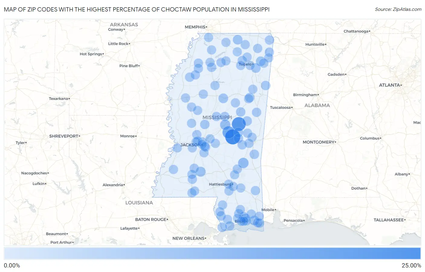 Zip Codes with the Highest Percentage of Choctaw Population in Mississippi Map