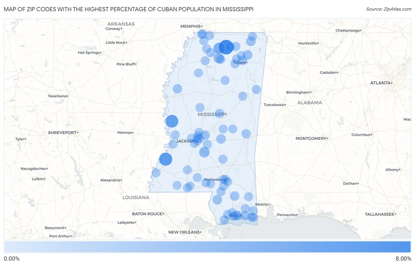 Zip Codes with the Highest Percentage of Cuban Population in Mississippi Map