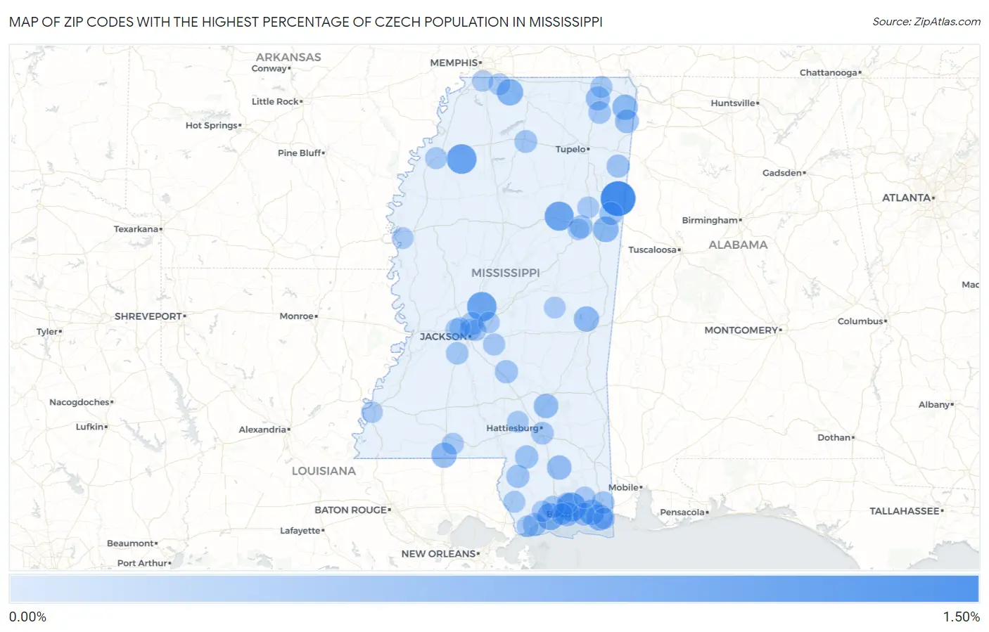 Zip Codes with the Highest Percentage of Czech Population in Mississippi Map
