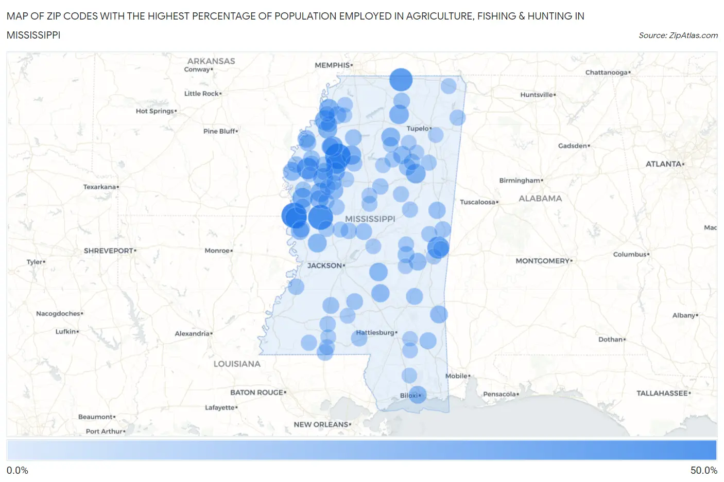 Zip Codes with the Highest Percentage of Population Employed in Agriculture, Fishing & Hunting in Mississippi Map