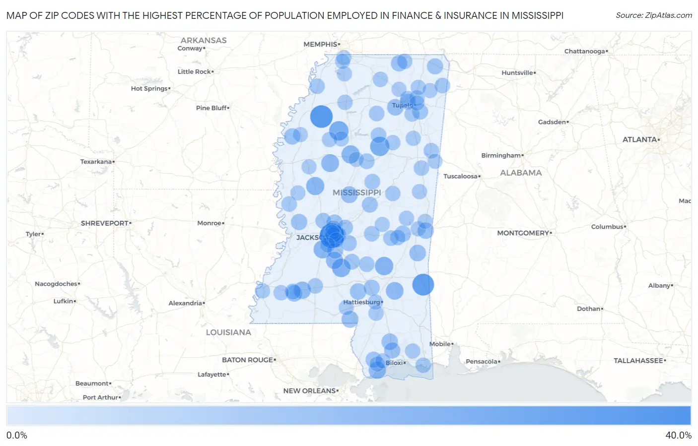 Zip Codes with the Highest Percentage of Population Employed in Finance & Insurance in Mississippi Map