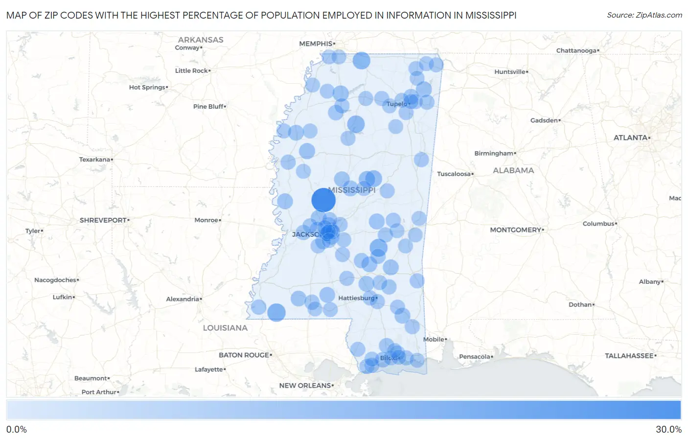 Zip Codes with the Highest Percentage of Population Employed in Information in Mississippi Map