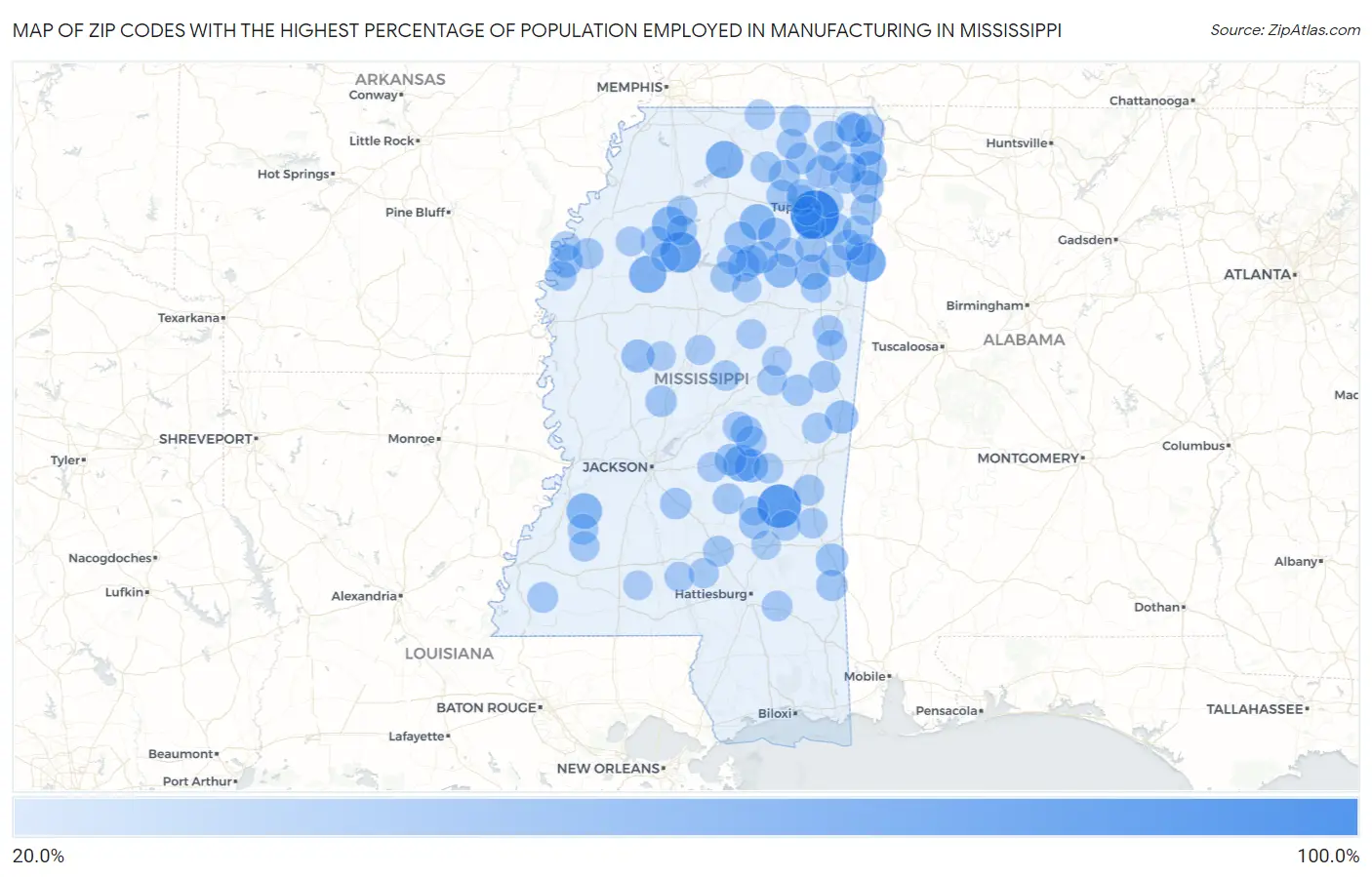 Zip Codes with the Highest Percentage of Population Employed in Manufacturing in Mississippi Map