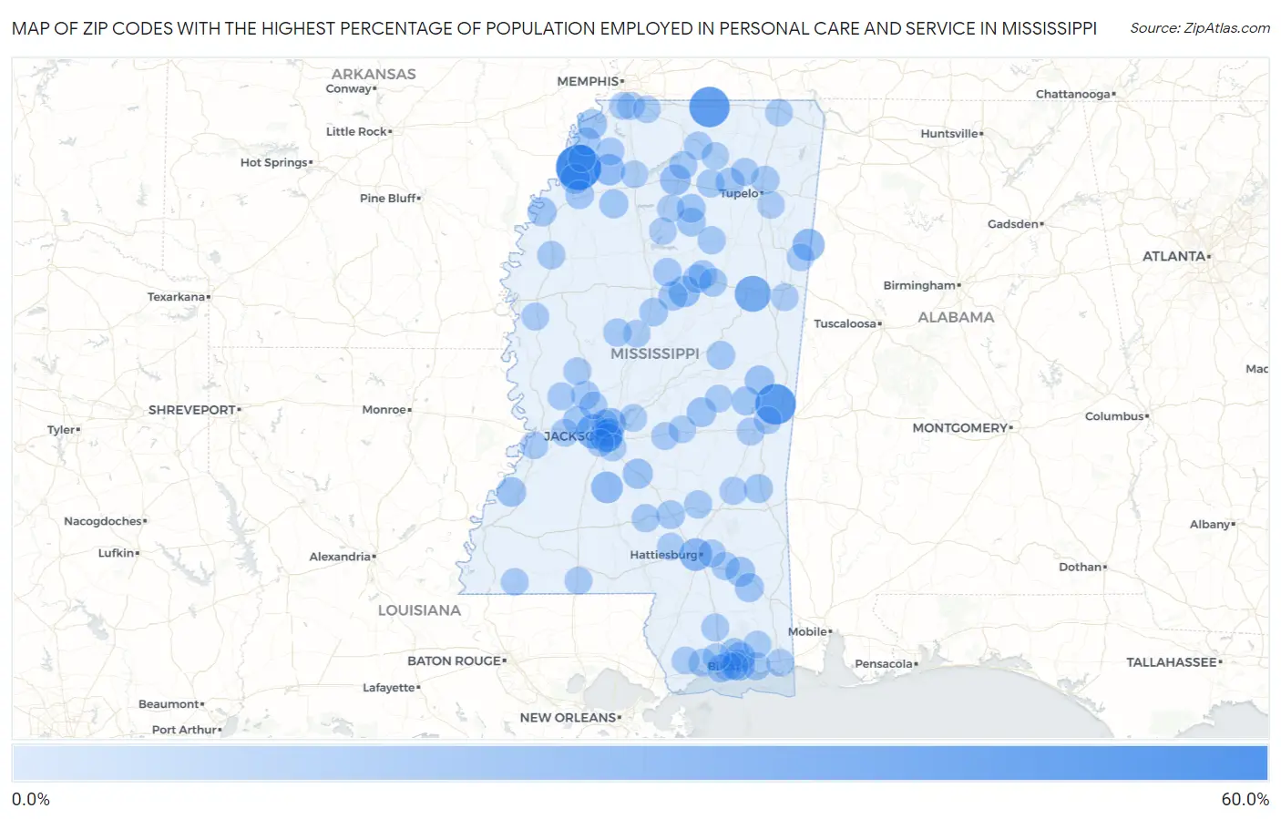 Zip Codes with the Highest Percentage of Population Employed in Personal Care and Service in Mississippi Map