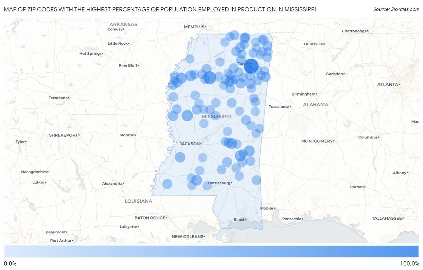 Zip Codes with the Highest Percentage of Population Employed in Production in Mississippi Map