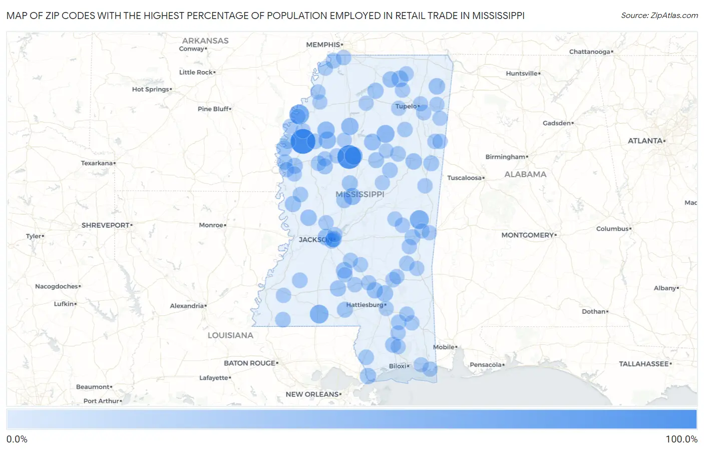 Zip Codes with the Highest Percentage of Population Employed in Retail Trade in Mississippi Map