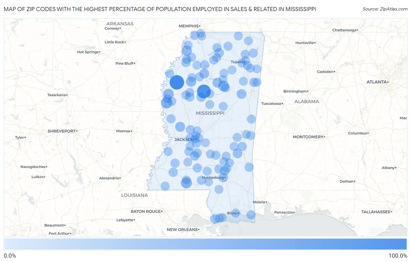 Zip Codes with the Highest Percentage of Population Employed in Sales & Related in Mississippi Map
