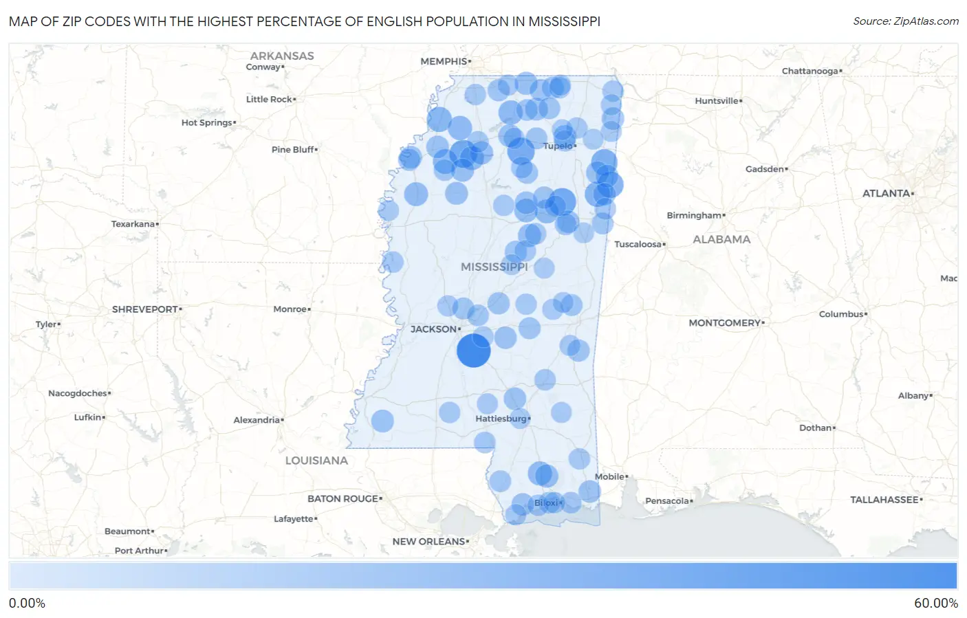Zip Codes with the Highest Percentage of English Population in Mississippi Map
