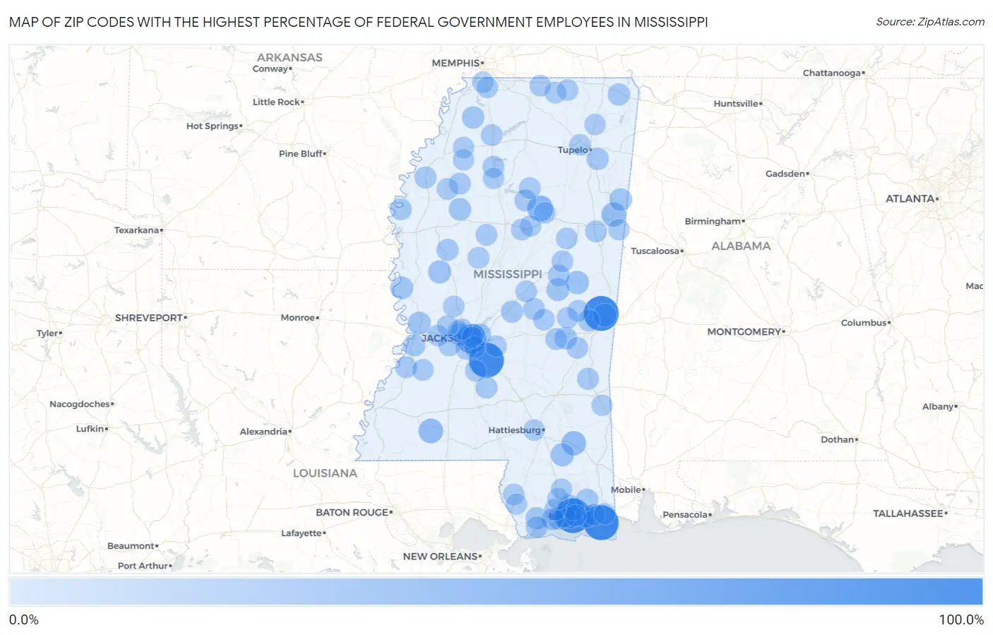 Zip Codes with the Highest Percentage of Federal Government Employees in Mississippi Map