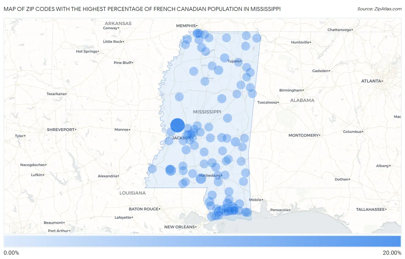 Zip Codes with the Highest Percentage of French Canadian Population in Mississippi Map