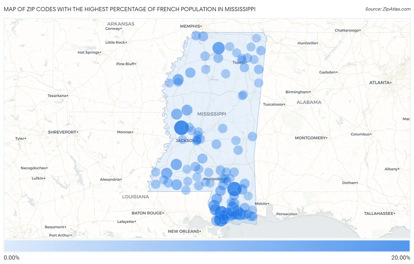 Zip Codes with the Highest Percentage of French Population in Mississippi Map
