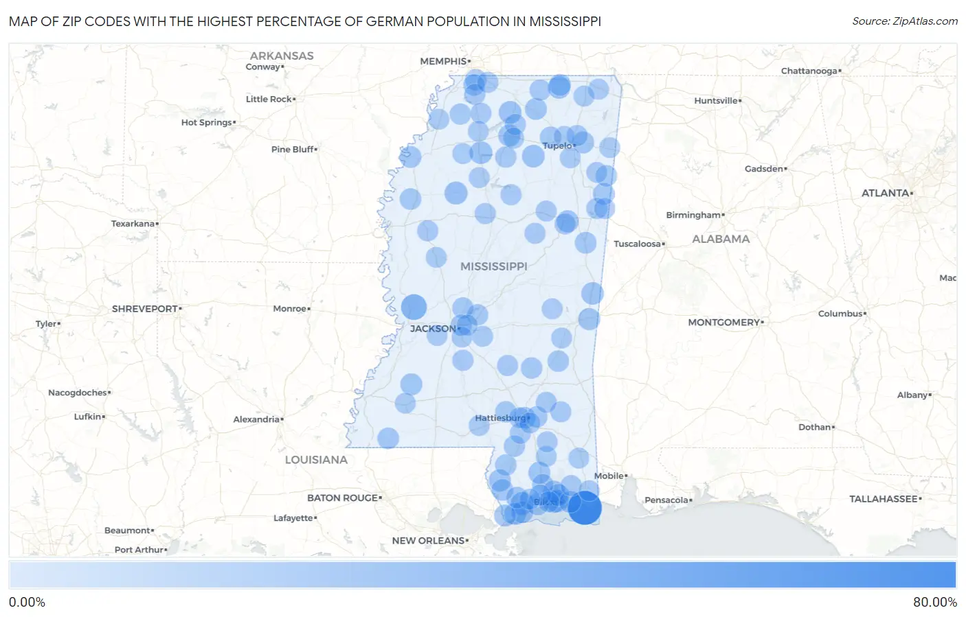 Zip Codes with the Highest Percentage of German Population in Mississippi Map