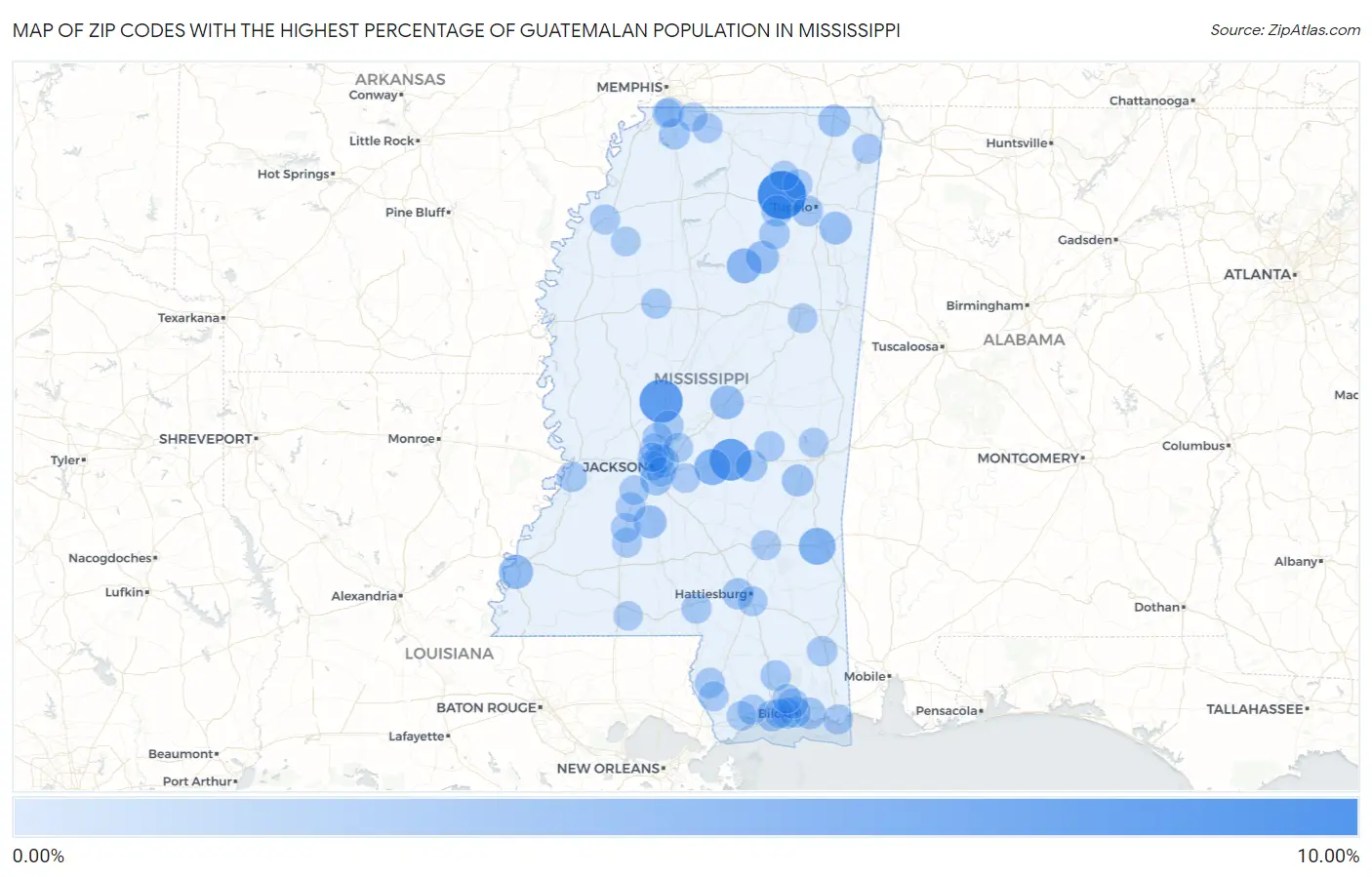Zip Codes with the Highest Percentage of Guatemalan Population in Mississippi Map