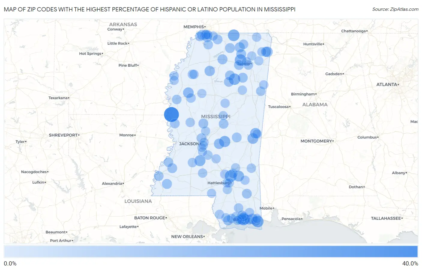 Zip Codes with the Highest Percentage of Hispanic or Latino Population in Mississippi Map