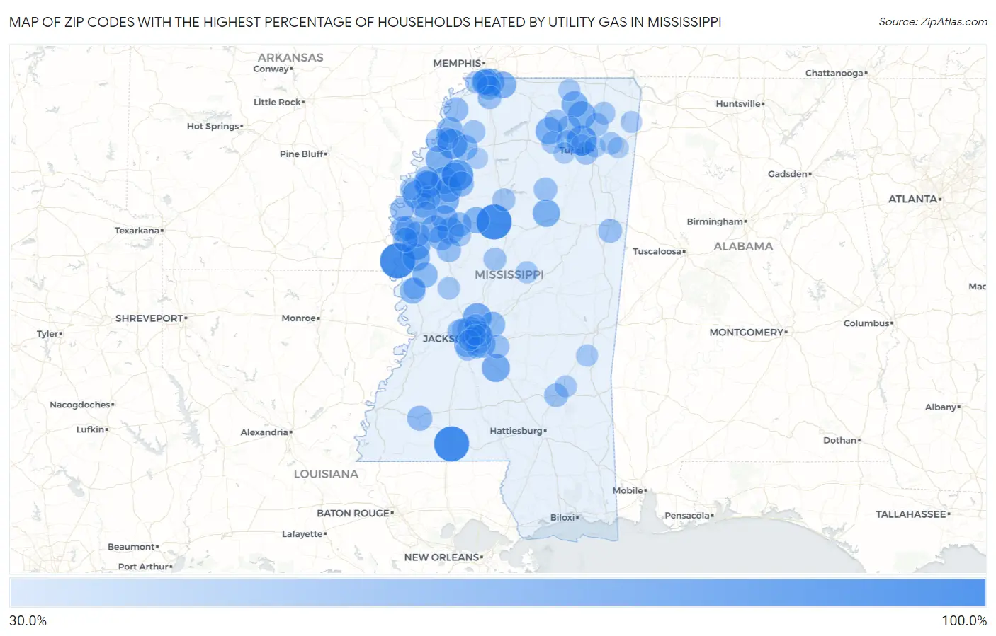 Zip Codes with the Highest Percentage of Households Heated by Utility Gas in Mississippi Map