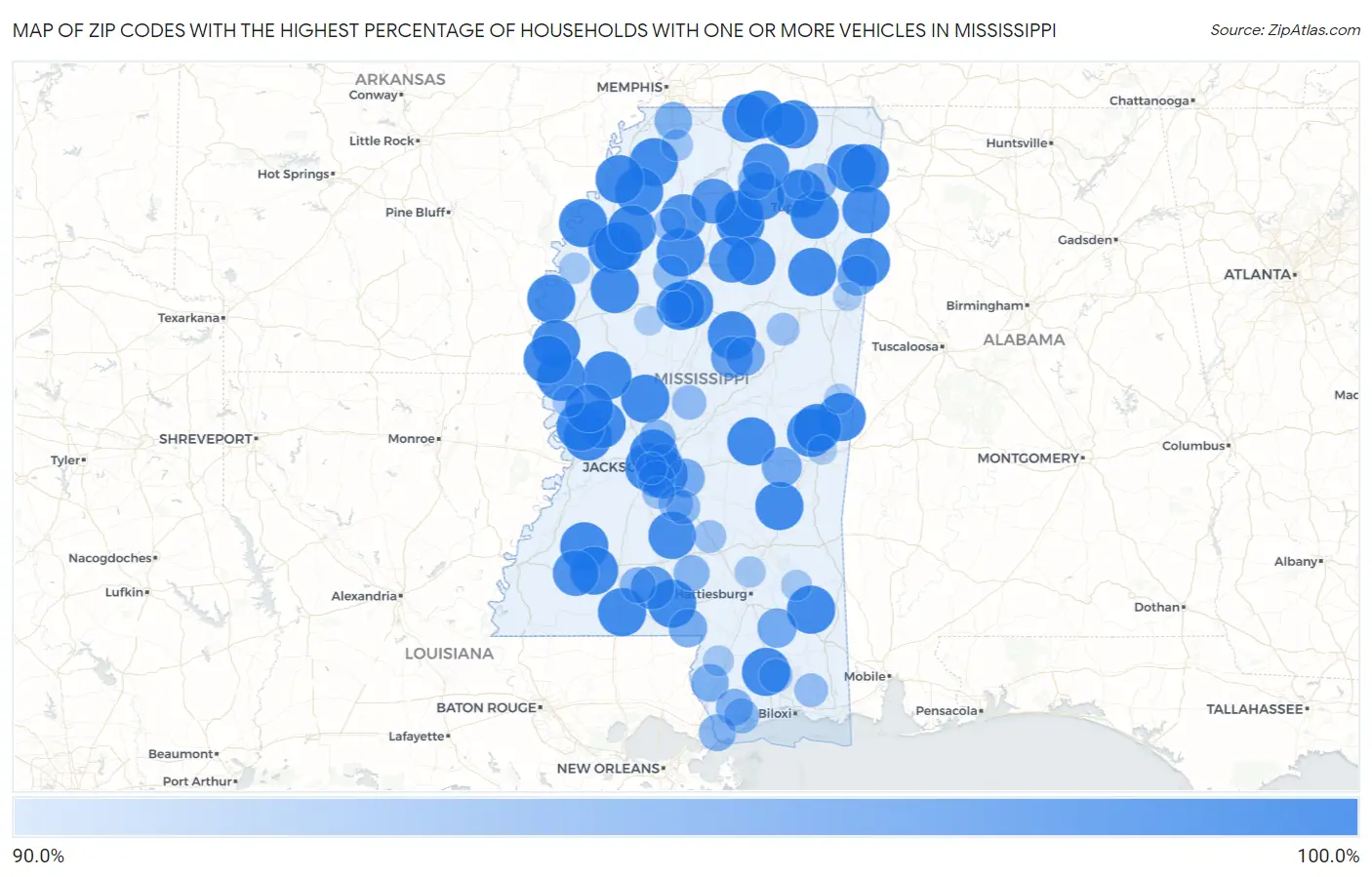 Zip Codes with the Highest Percentage of Households With One or more Vehicles in Mississippi Map