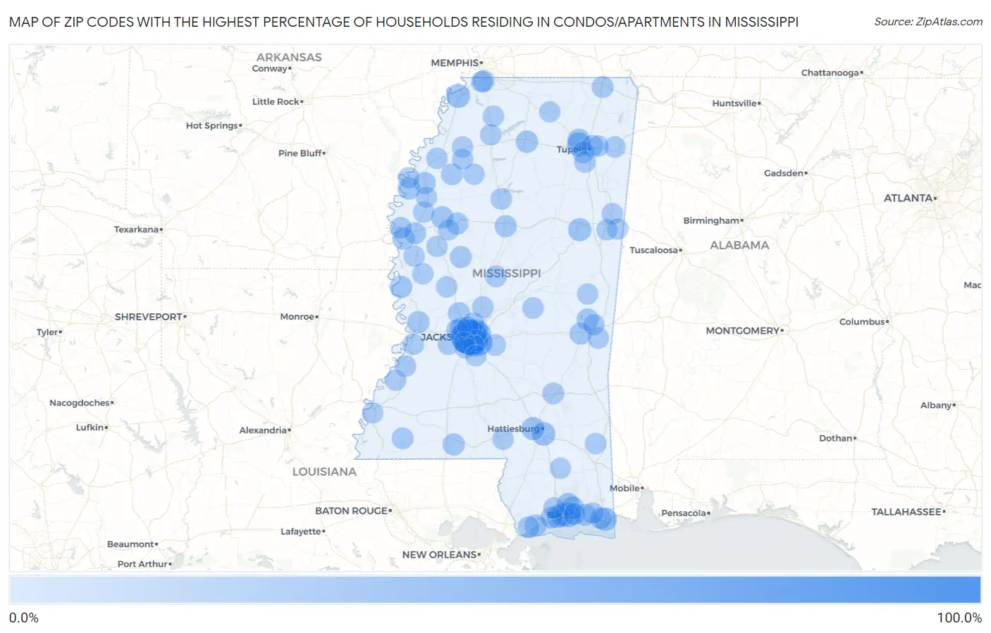 Zip Codes with the Highest Percentage of Households Residing in Condos/Apartments in Mississippi Map