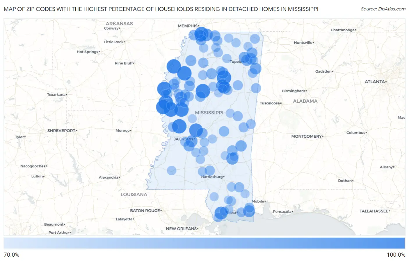 Zip Codes with the Highest Percentage of Households Residing in Detached Homes in Mississippi Map
