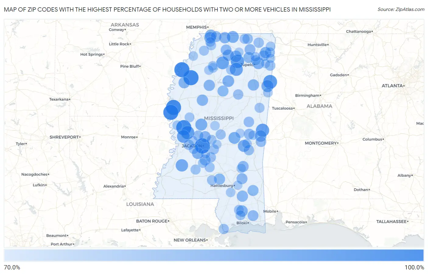 Zip Codes with the Highest Percentage of Households With Two or more Vehicles in Mississippi Map