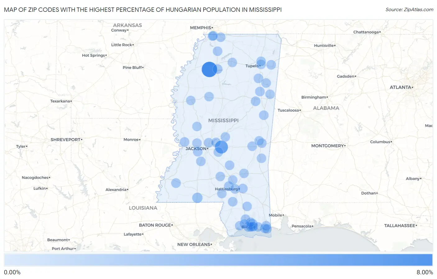 Zip Codes with the Highest Percentage of Hungarian Population in Mississippi Map